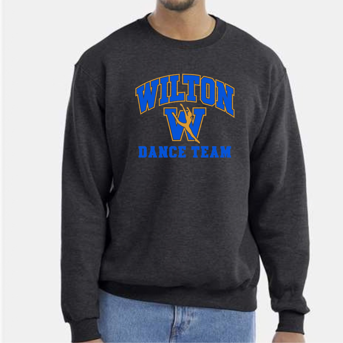 Wilton Dance Team Champion Powerblend crewnecks in black, charcoal and gray with royal blue and gold W dancer design