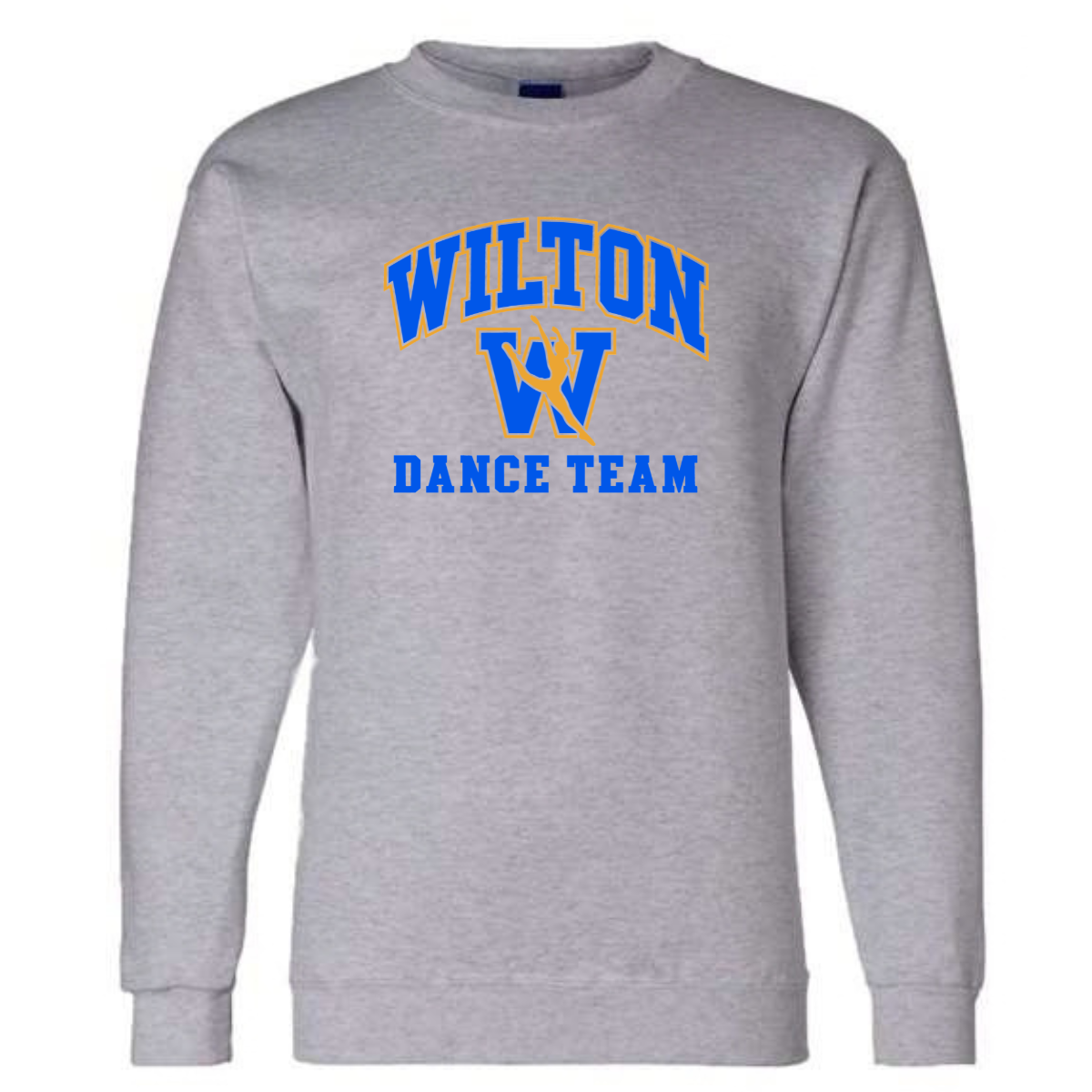 Wilton Dance Team Champion Powerblend crewnecks in black, charcoal and gray with royal blue and gold W dancer design