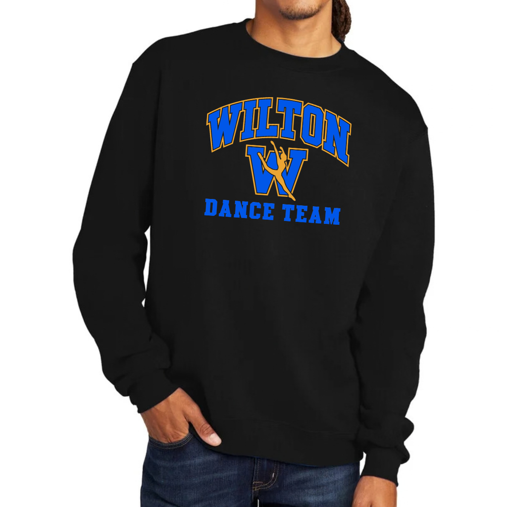 Wilton Dance Team Champion Powerblend crewnecks in black, charcoal and gray with royal blue and gold W dancer design