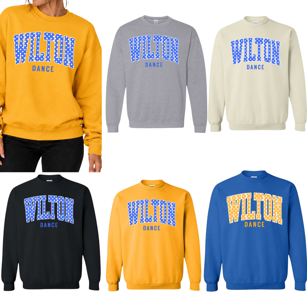  Wilton Dance unisex crewneck sweatshirts in gold, sport gray, sand, black, and royal blue with polka dot varsity lettering