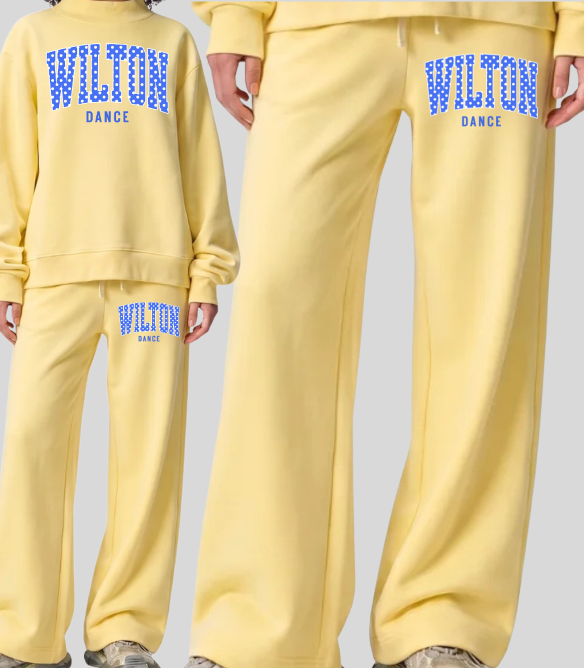 Wilton Polka Dot Dance wide leg sweatpants in yellow with blue and white Wilton dance design on the upper leg