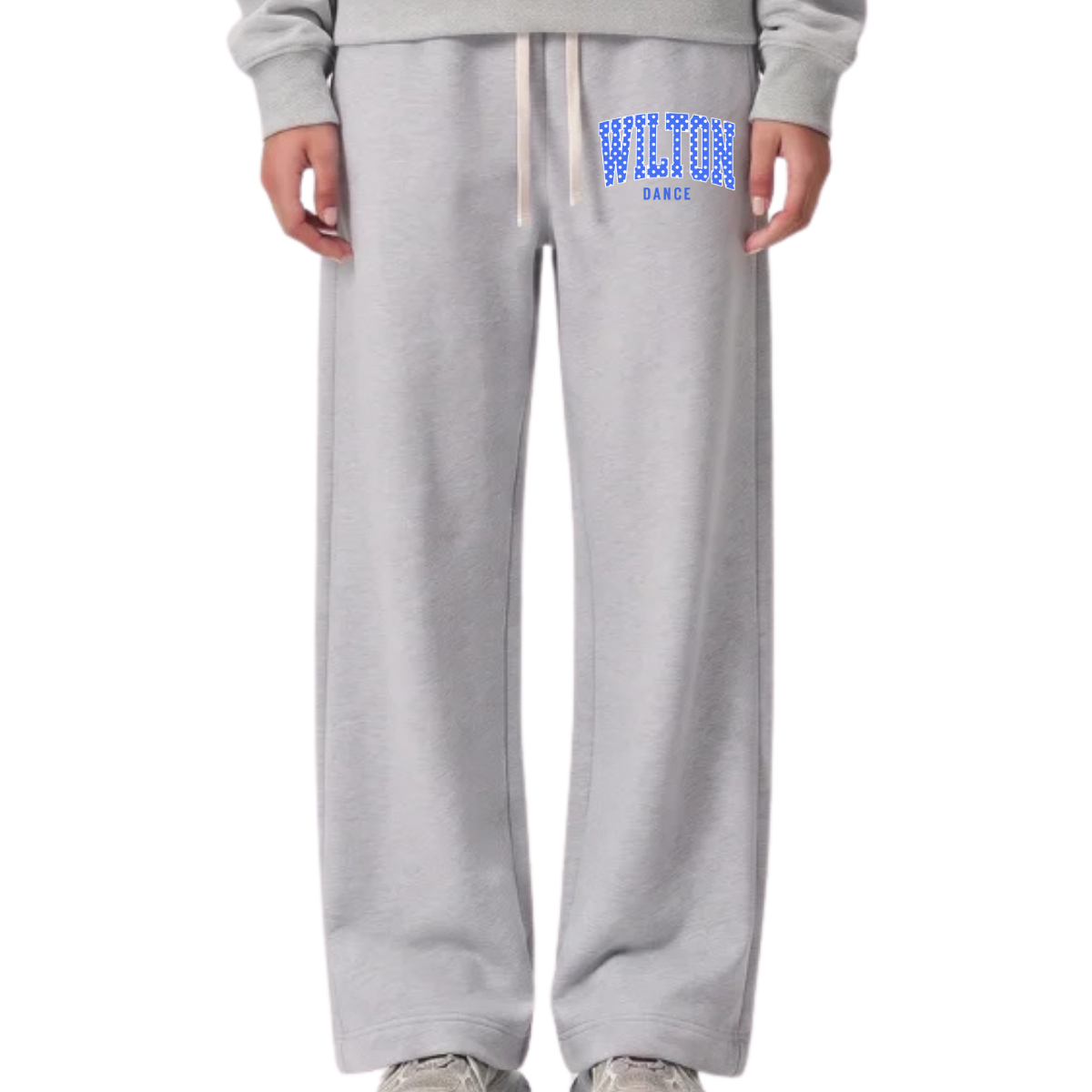Wilton Polka Dot Dance wide leg sweatpants in gray with blue and white Wilton dance design on the upper leg