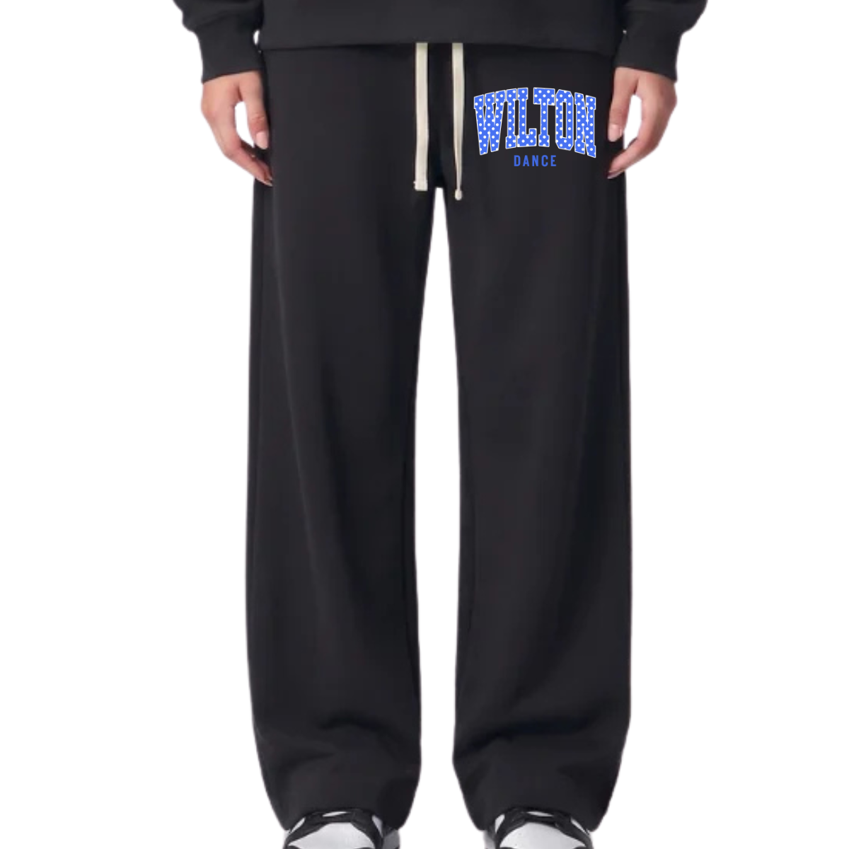 Wilton Polka Dot Dance wide leg sweatpants in black with blue and white Wilton dance design on the upper leg