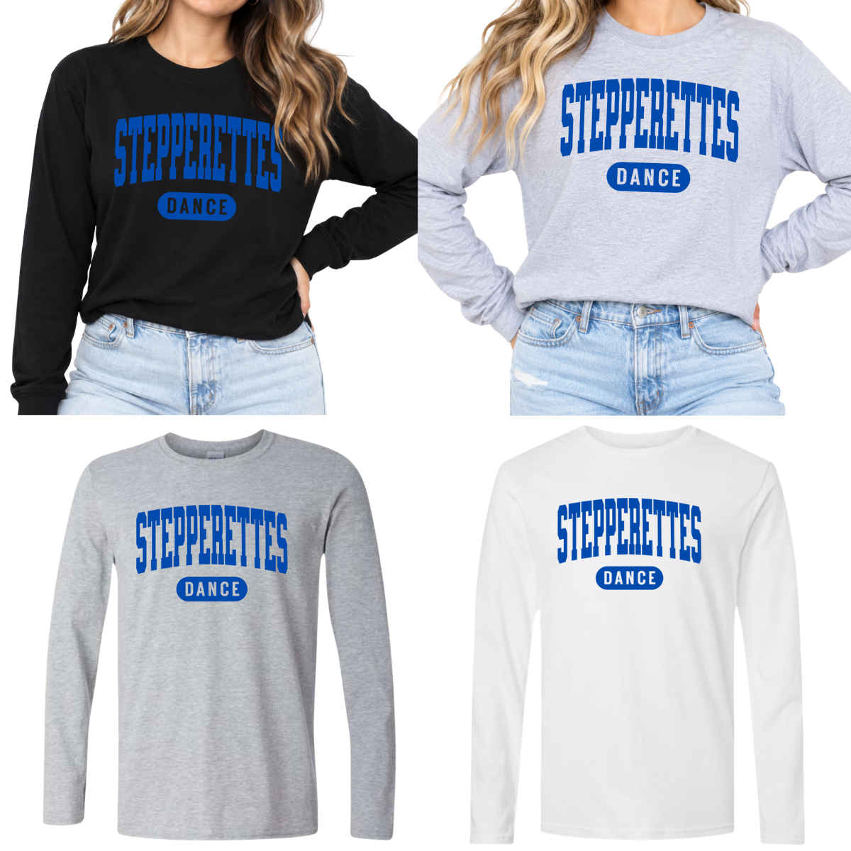 Wilton Stepperettes blue collegiate dance long sleeve tees in black, sport gray and white with royal blue Stepperettes Dance design