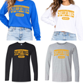 Wilton Stepperettes collegiate dance long sleeve tees in royal blue, white, black and sport gray with gold design