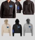 Wilton Stepperettes cropped half zip hoodies in ivory, black, and heather gray with blue and gold W chest design and custom sleeve name option