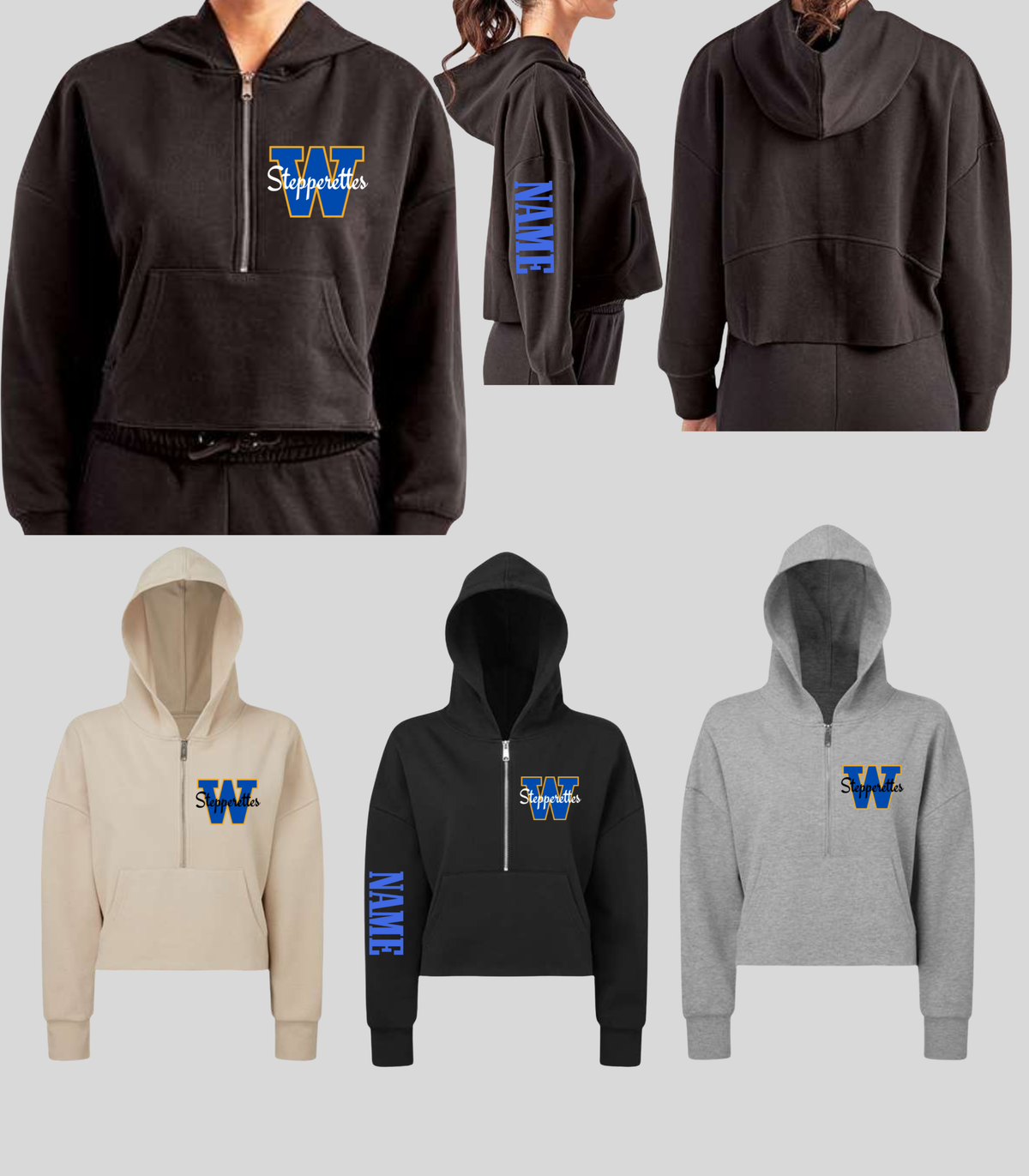 Wilton Stepperettes cropped half zip hoodies in ivory, black, and heather gray with blue and gold W chest design and custom sleeve name option
