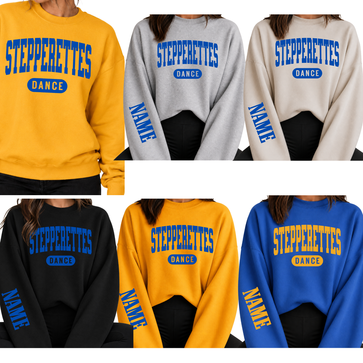 Wilton Stepperettes Dance unisex crewneck sweatshirts in gold, sport gray, sand, black, and royal blue