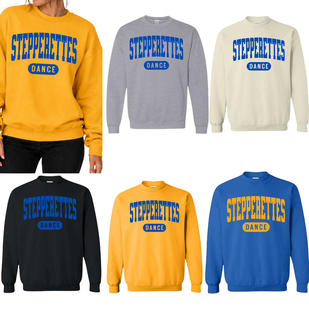 Wilton Stepperettes Dance unisex crewneck sweatshirts in gold, sport gray, sand, black, and royal blue