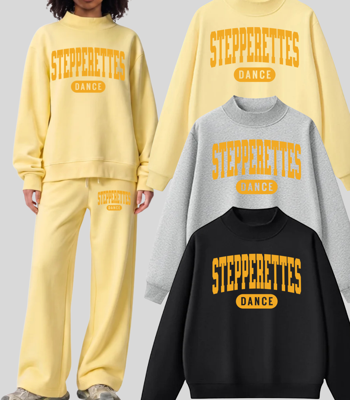 Wilton Stepperettes Dance mock neck sweatshirt with bold collegiate Stepperettes design