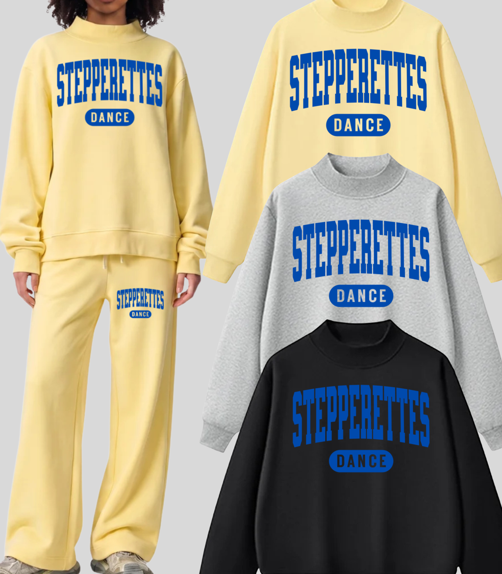Wilton Stepperettes Dance mock neck sweatshirt in yellow, gray, and black with bold royal blue collegiate design