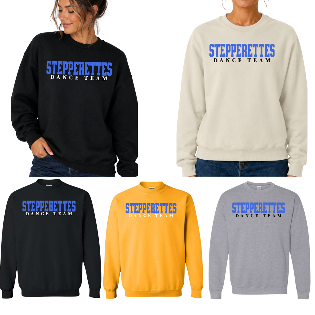 Wilton Stepperettes Dance Team unisex crewneck sweatshirts in black, sand, gold, and sport gray
