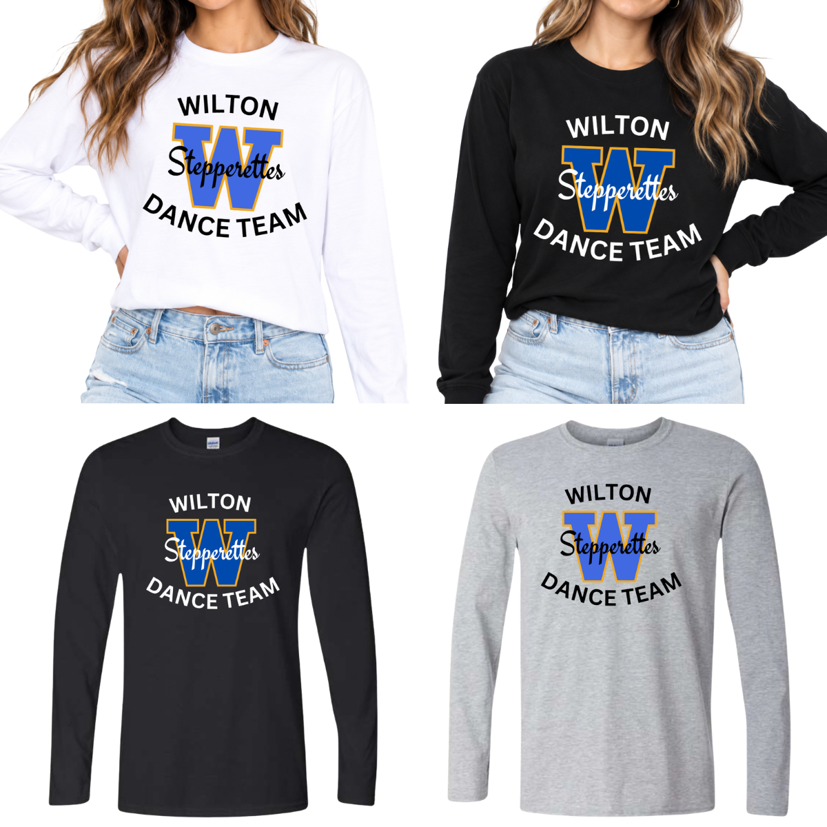 Wilton Stepperettes Dance Team long sleeve tees in white, black and sport gray with royal blue and gold W design