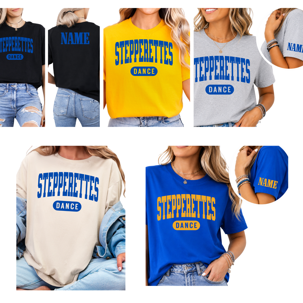 Wilton Stepperettes Dance Team tee in black, gold, sport gray, sand, and royal blue with optional custom name on back or sleeve