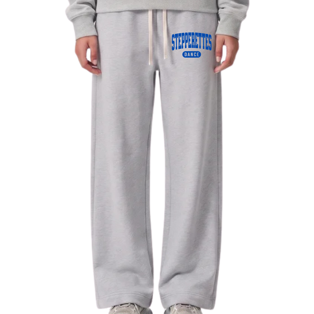 Wilton Stepperettes Dance wide leg sweatpants with royal blue collegiate Stepperettes design on the upper leg