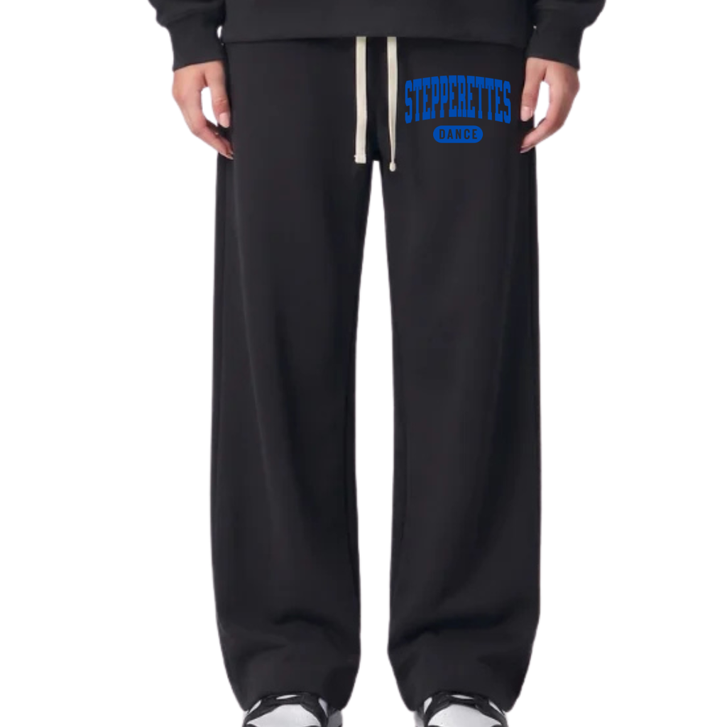 Wilton Stepperettes Dance wide leg sweatpants with royal blue collegiate Stepperettes design on the upper leg
