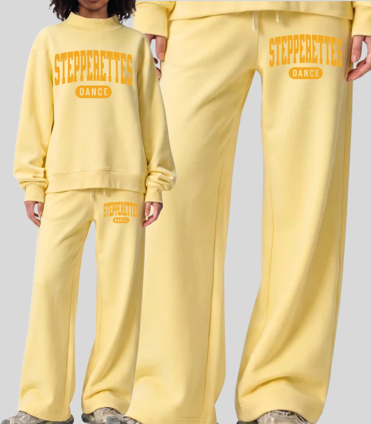 Wilton Stepperettes Dance wide leg sweatpants with gold Stepperettes Dance design on the upper leg