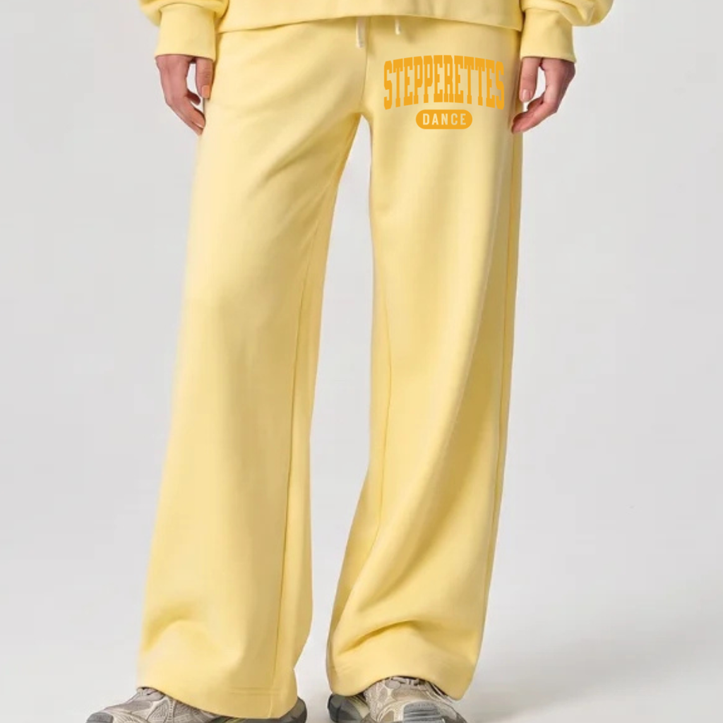 Wilton Stepperettes Dance wide leg sweatpants with gold Stepperettes Dance design on the upper leg