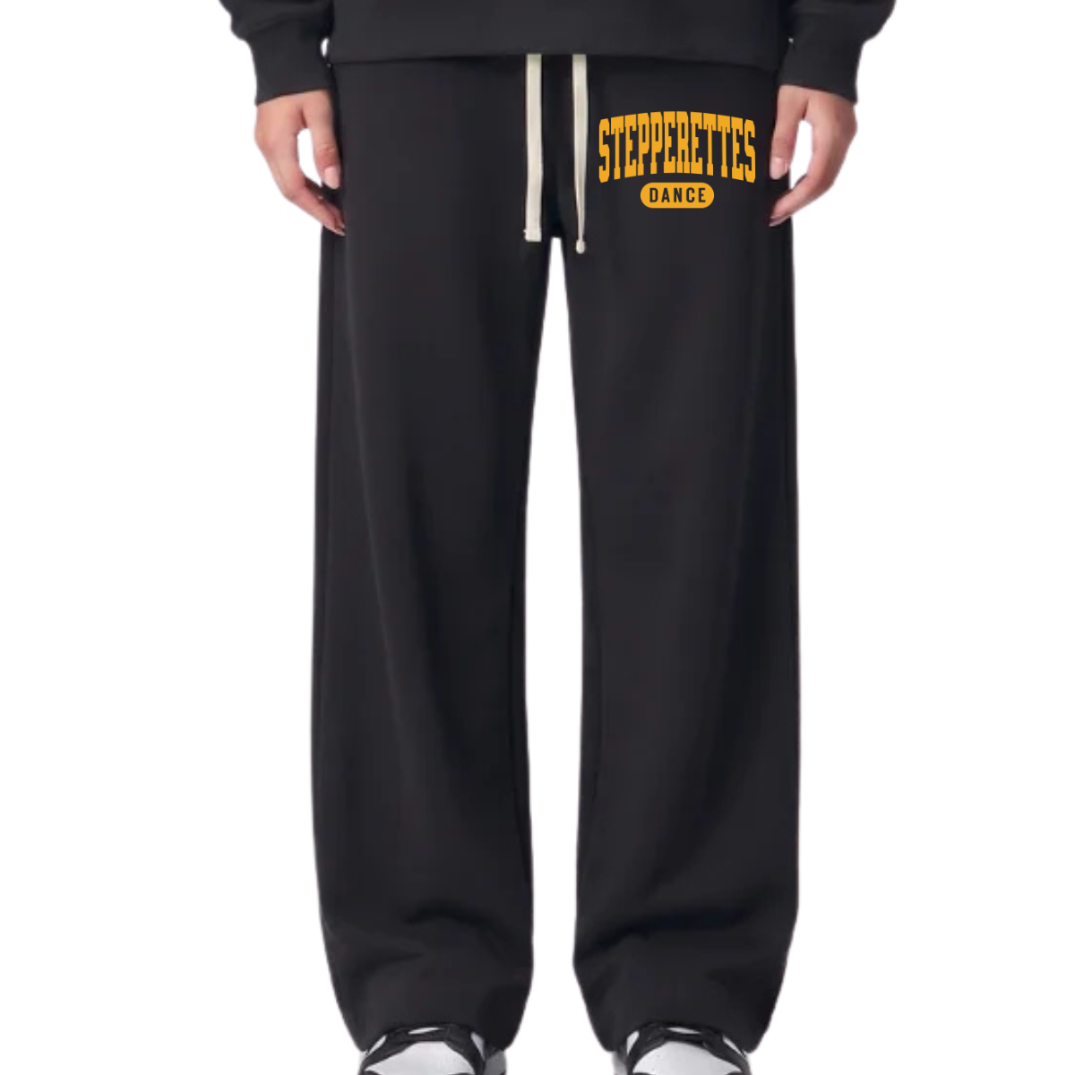 Wilton Stepperettes Dance wide leg sweatpants with gold Stepperettes Dance design on the upper leg