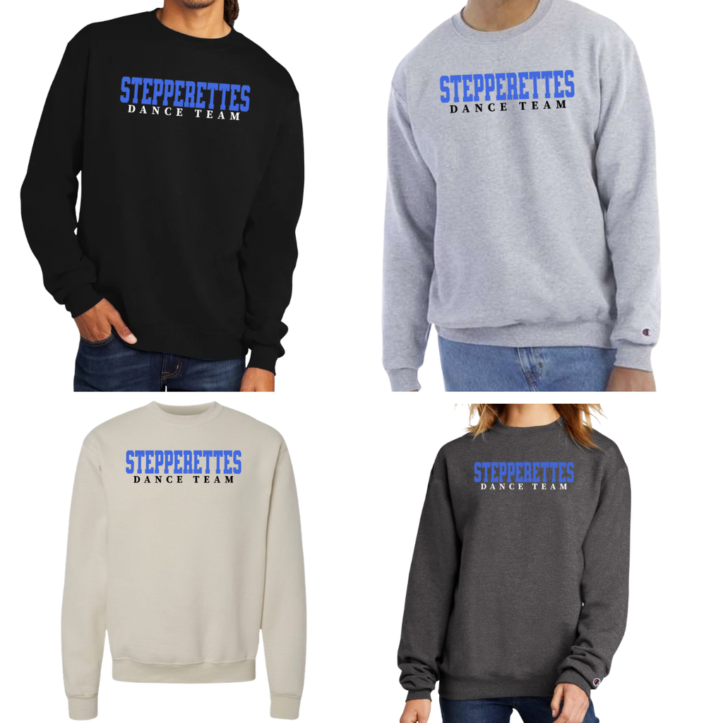 Shop the Wilton Stepperettes varsity dance team Champion Powerblend crewneck with a bold royal blue team design. Each purchase supports the fundraiser.