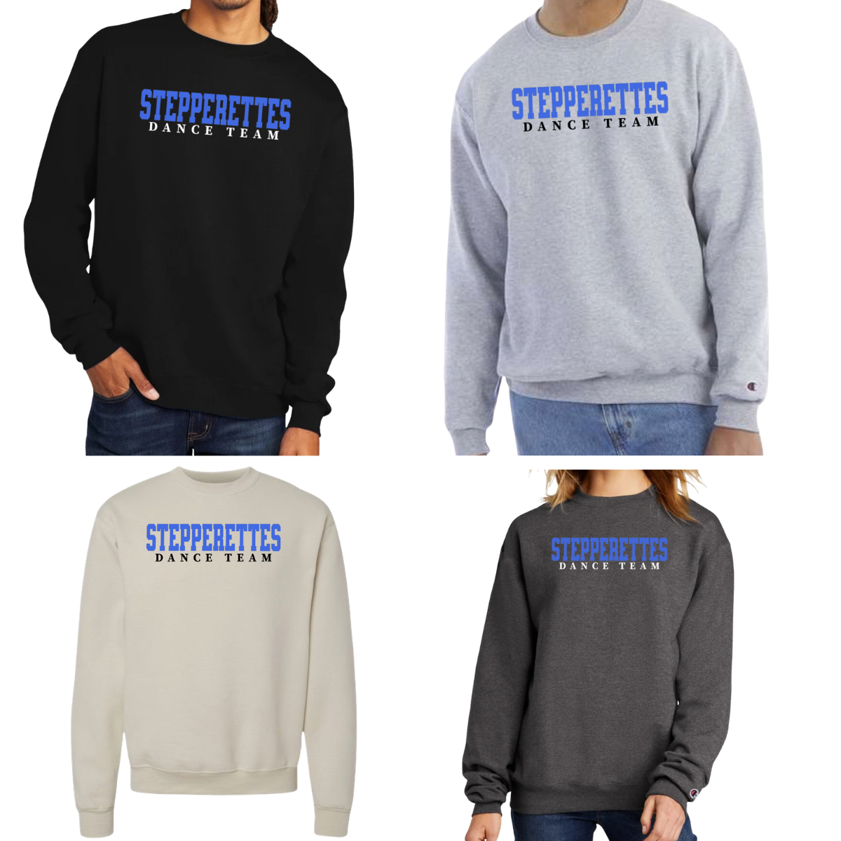 Shop the Wilton Stepperettes varsity dance team Champion Powerblend crewneck with a bold royal blue team design. Each purchase supports the fundraiser.