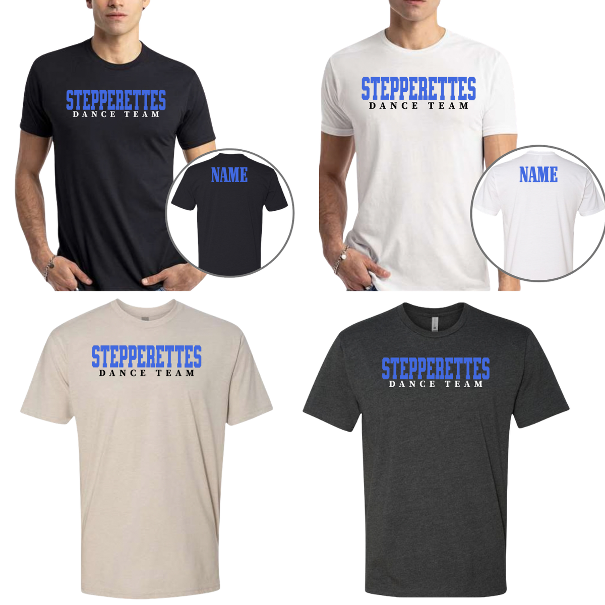 Wilton Stepperettes varsity dance team cotton poly blend tees in black, white, natural and charcoal with royal blue design