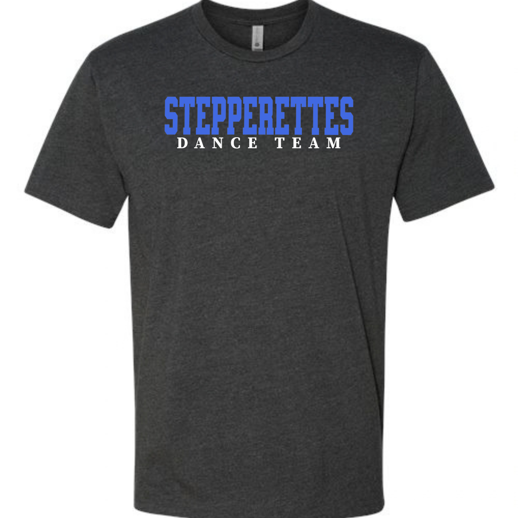 Wilton Stepperettes varsity dance team cotton poly blend tees in black, white, natural and charcoal with royal blue design