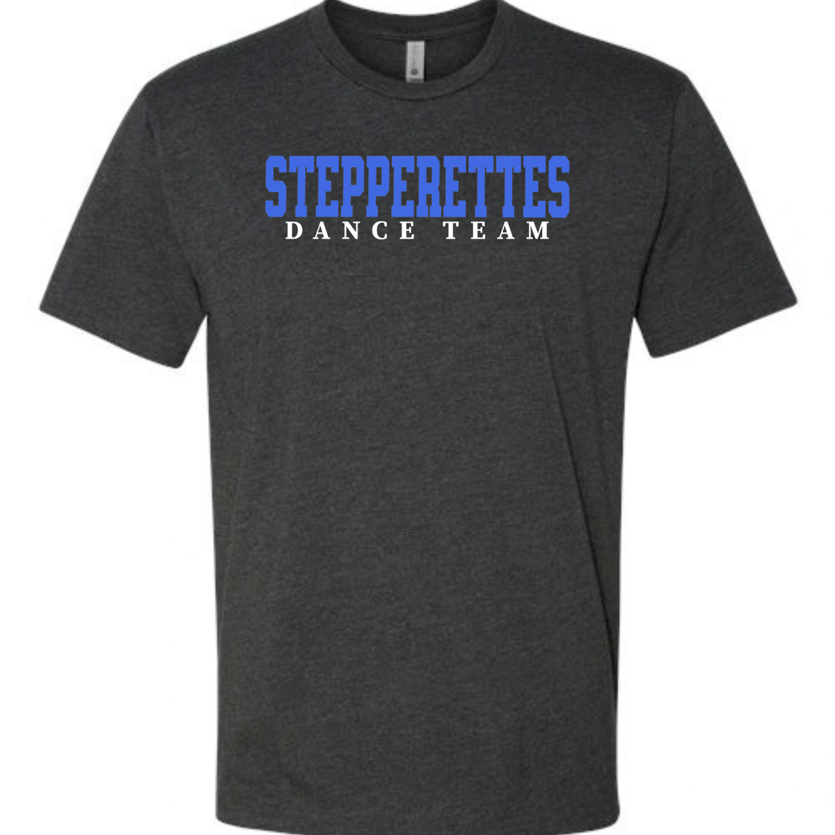 Wilton Stepperettes varsity dance team cotton poly blend tees in black, white, natural and charcoal with royal blue design