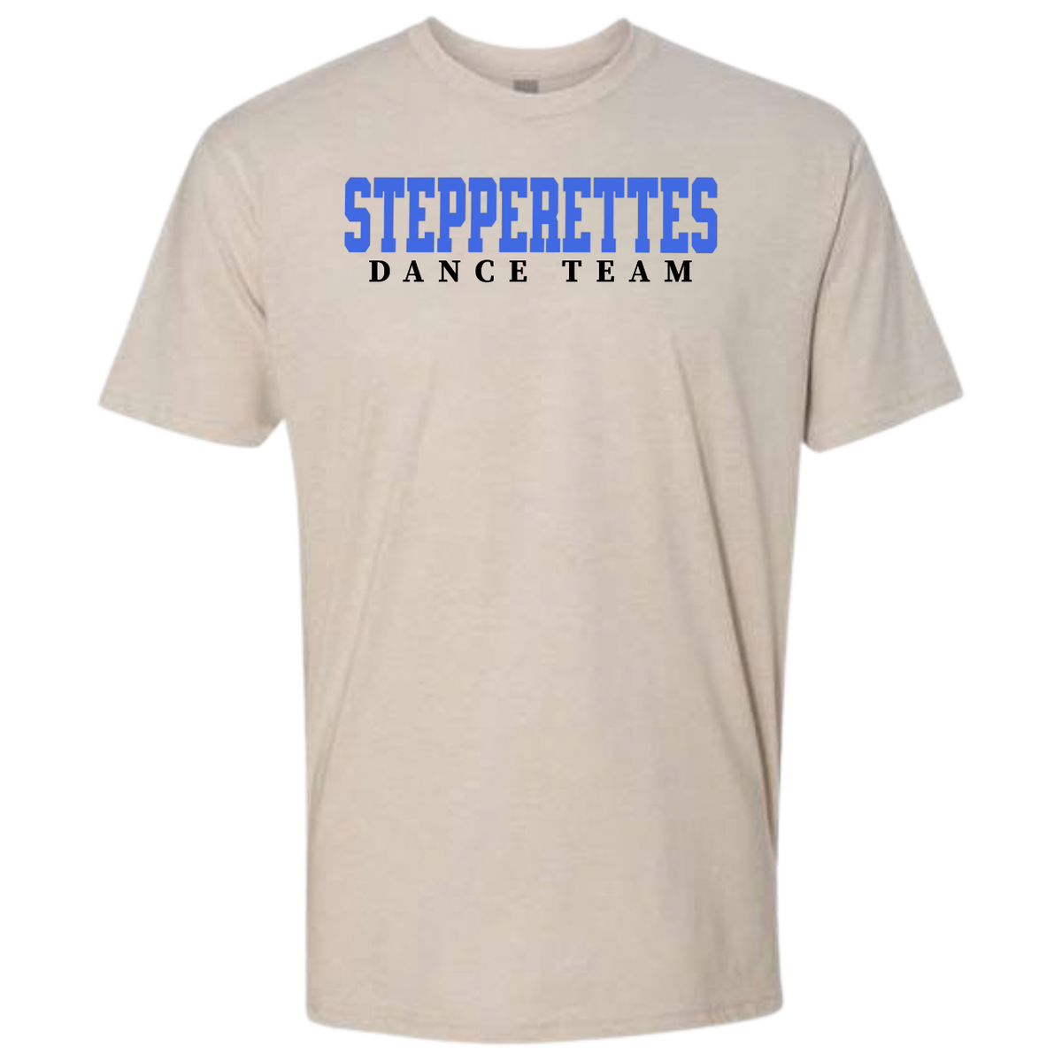 Wilton Stepperettes varsity dance team cotton poly blend tees in black, white, natural and charcoal with royal blue design