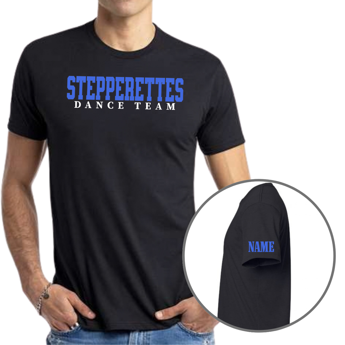 Wilton Stepperettes varsity dance team cotton poly blend tees in black, white, natural and charcoal with royal blue design