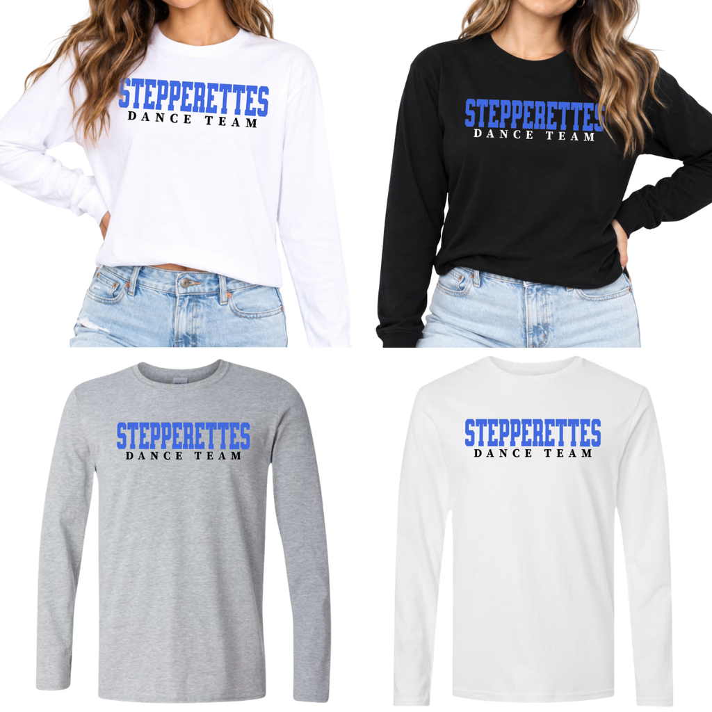 Wilton Stepperettes varsity dance team long sleeve tees in white, black and sport gray with royal blue and black design