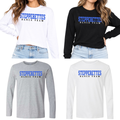 Wilton Stepperettes varsity dance team long sleeve tees in white, black and sport gray with royal blue and black design
