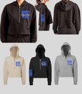 Wilton Stepperettes WHS cropped half zip hoodies in ivory, black and heather gray with royal blue and gold chest design