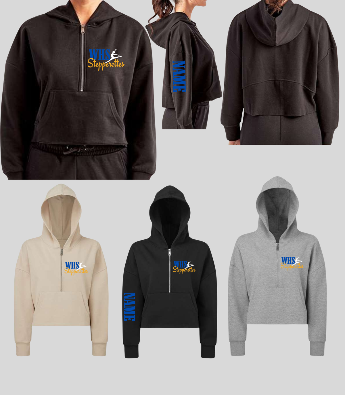 Wilton Stepperettes WHS dancer cropped half zip hoodies in ivory, black and heather gray with blue and gold chest design