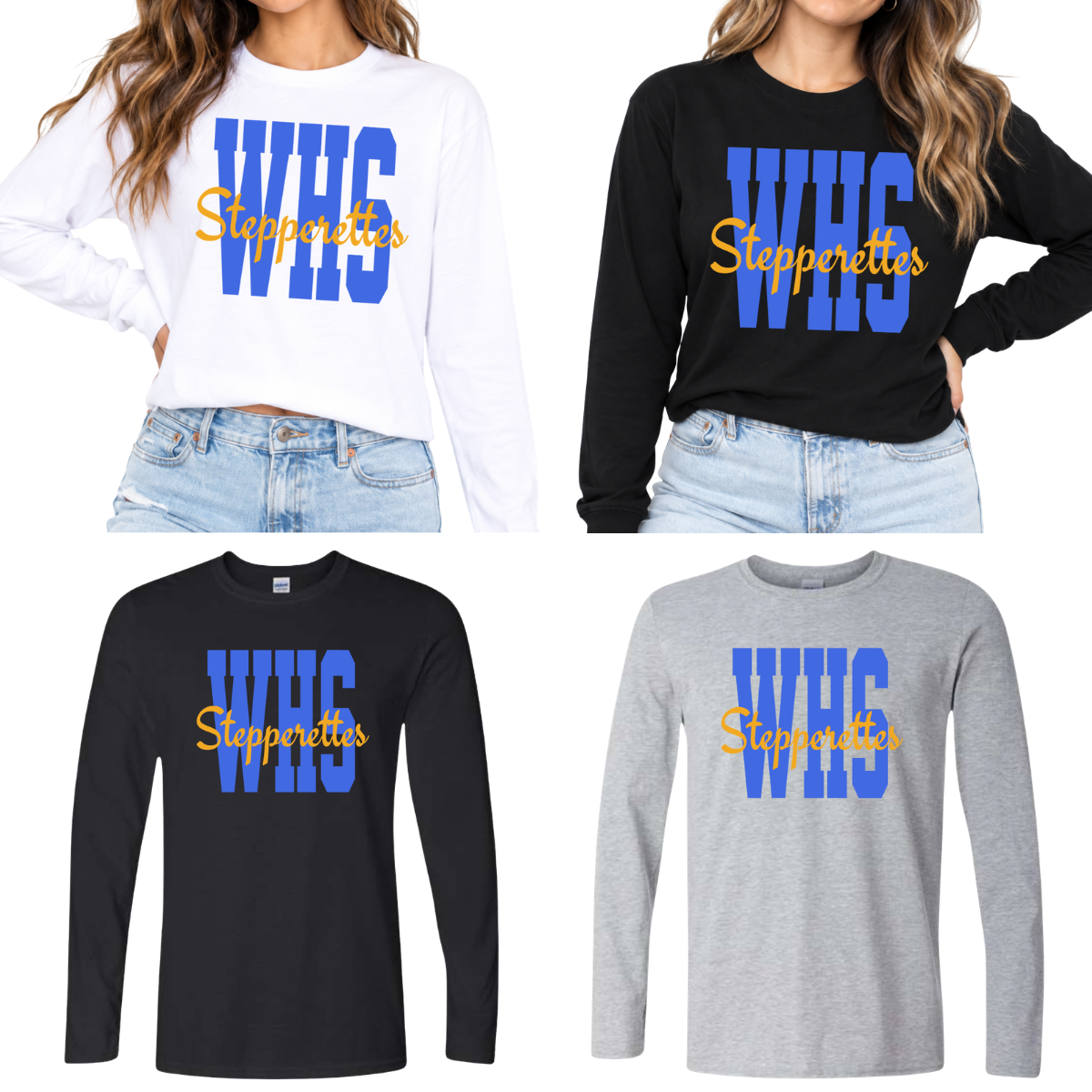 Wilton Stepperettes WHS long sleeve tees in white, black and sport gray with royal blue and gold design