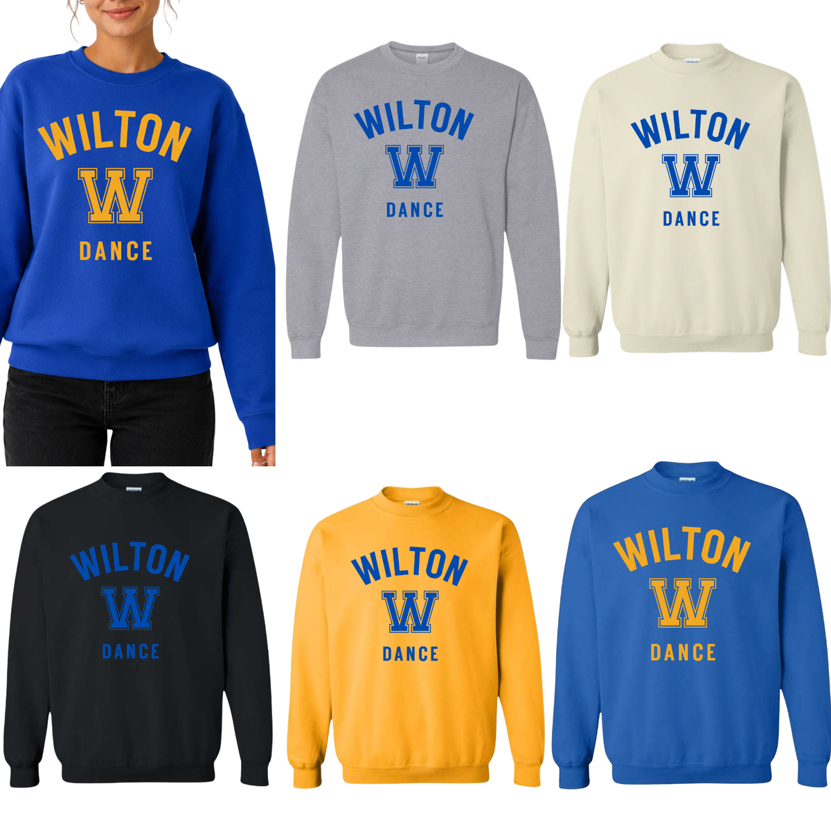 Wilton W Dance unisex crewneck sweatshirts in royal blue, sport gray, sand, black, and gold with blue and gold varsity design
