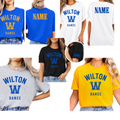 Wilton W Dance Team tee in royal blue, white, black, sport gray, and gold with optional name on back or sleeve
