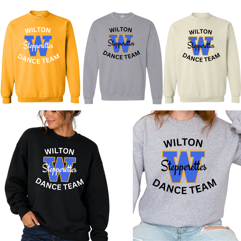 Wilton W Stepperettes Dance Team unisex crewneck sweatshirts in gold, sport gray, sand, and black with royal blue and gold design
