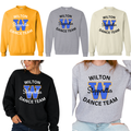 Wilton W Stepperettes Dance Team unisex crewneck sweatshirts in gold, sport gray, sand, and black with royal blue and gold design