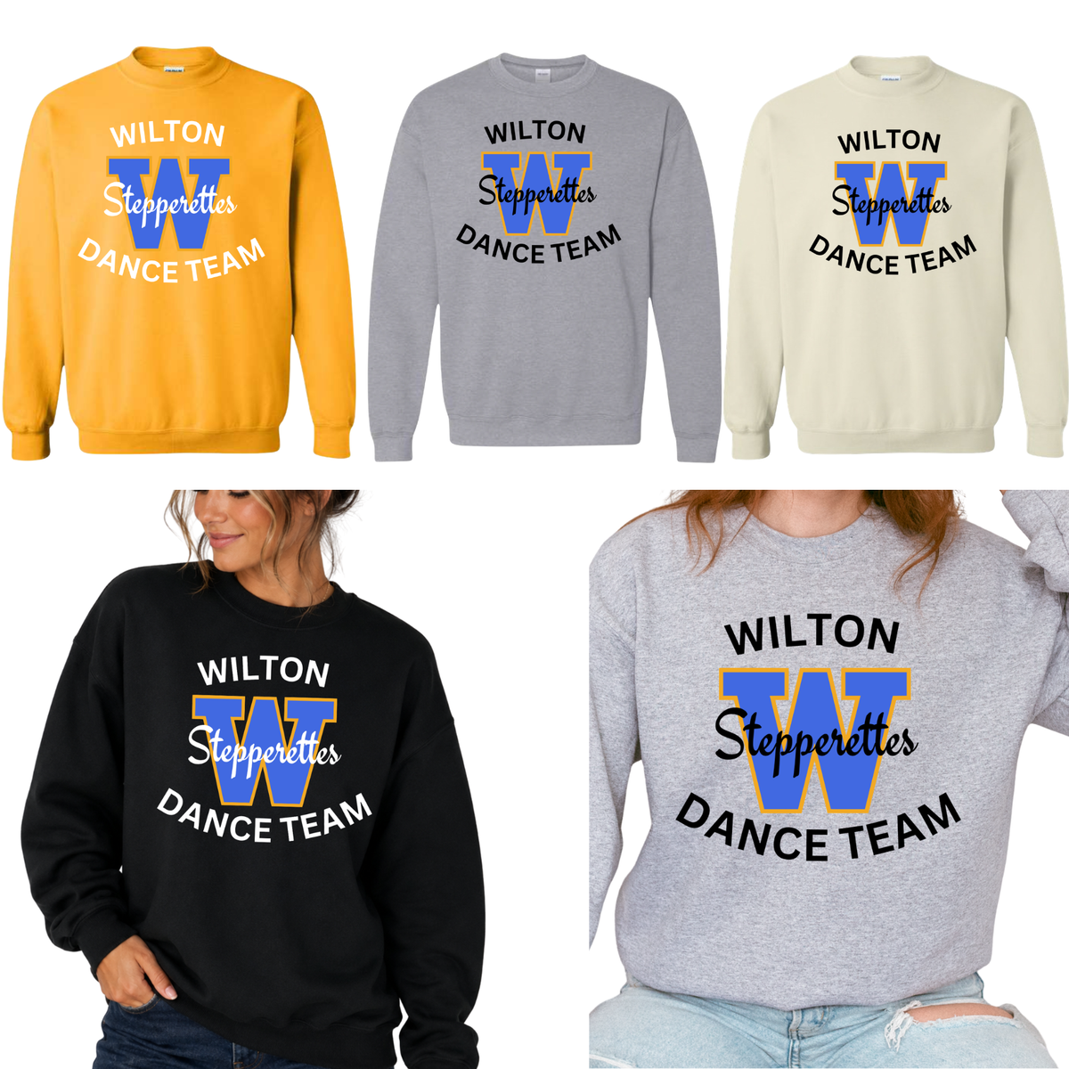 Wilton W Stepperettes Dance Team unisex crewneck sweatshirts in gold, sport gray, sand, and black with royal blue and gold design